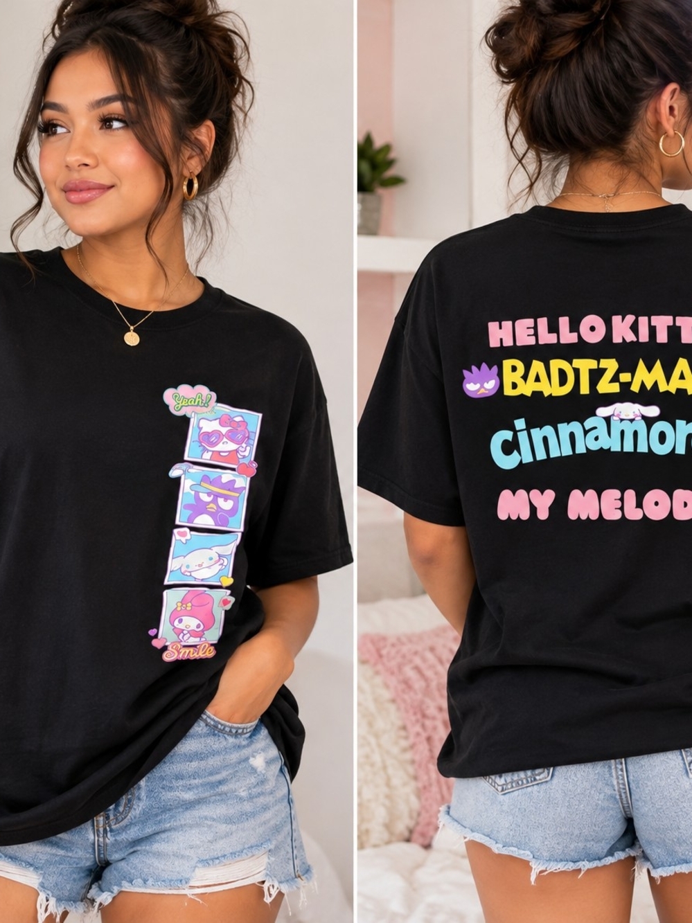 Hello Kitty Black Tee with Pastel Character Stack